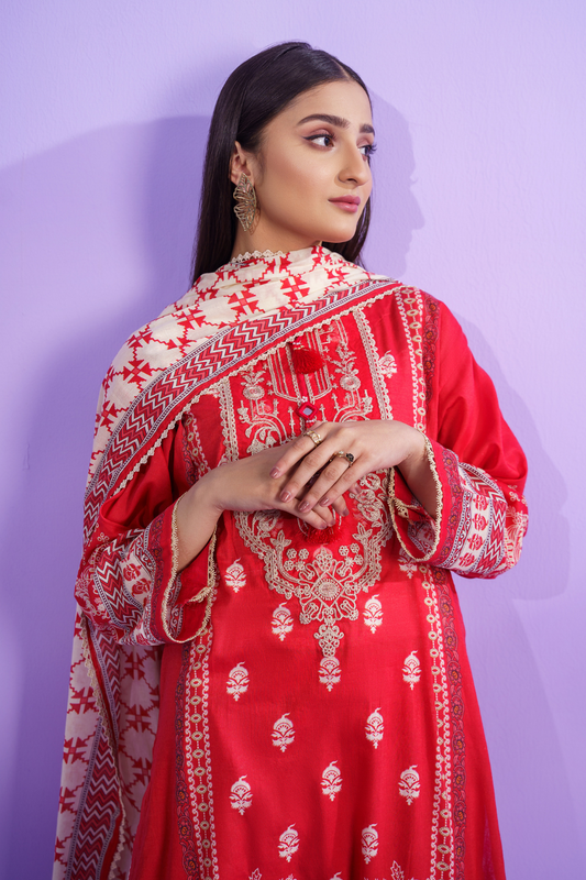 3PC Unstitched | Embroidered Lawn Shirt + Dupatta + Dyed Trouser