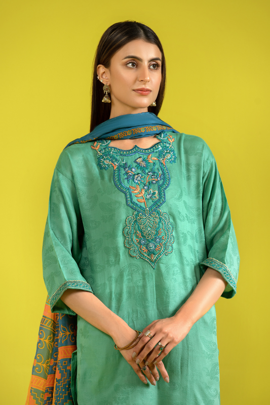 3 PC Unstitched | Jacquard Embroidered Shirt + Silk Dupatta + Lawn Trouser