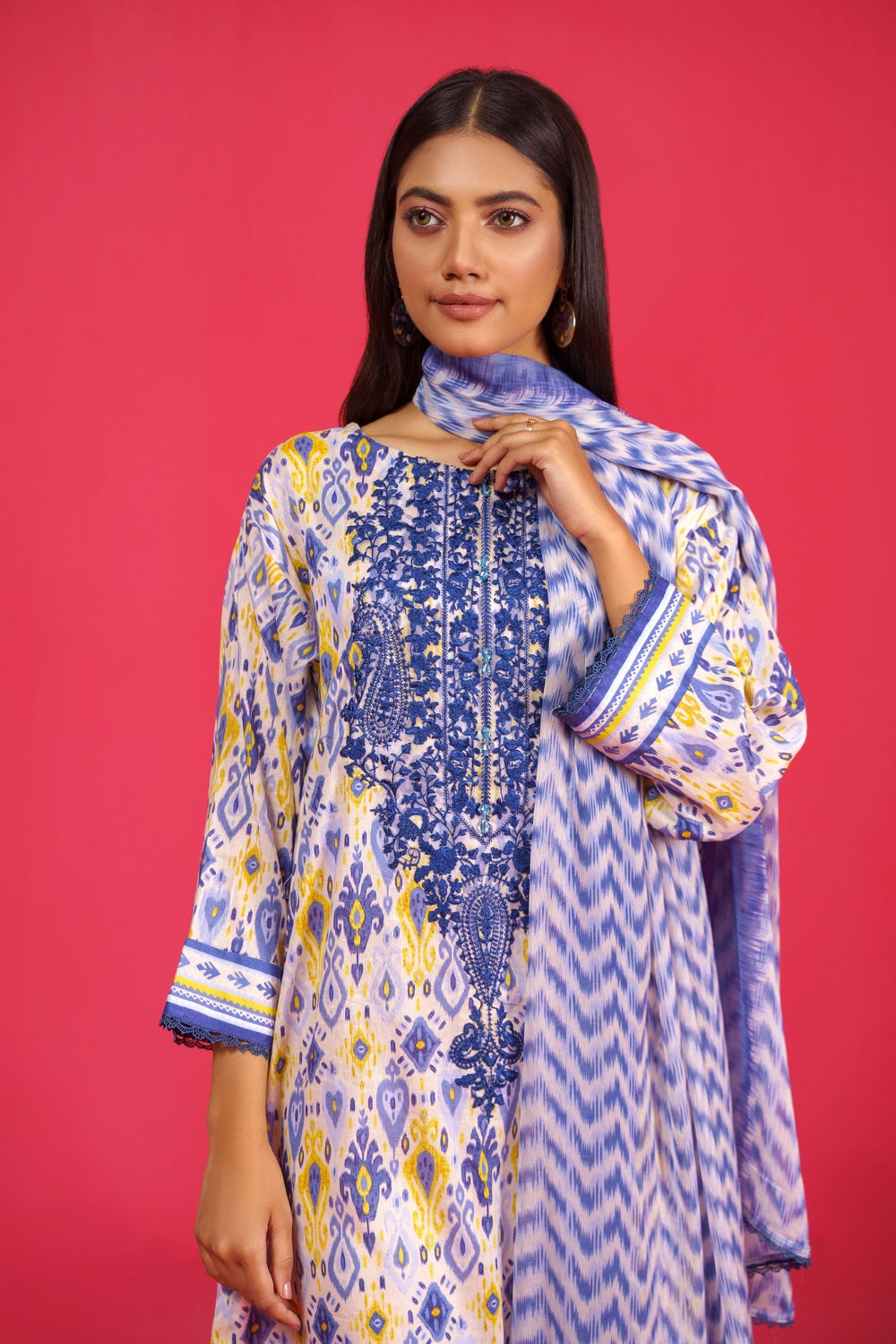 3PC Unstitched | Embroidered Lawn Shirt+ Chiffon Dupatta+Trouser