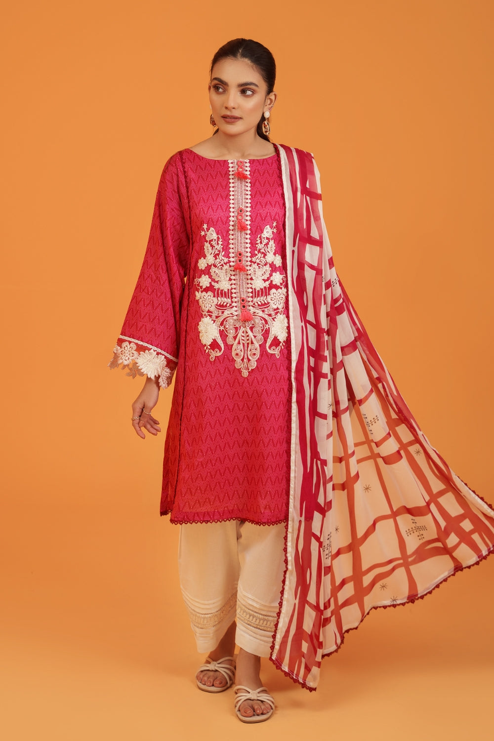 3PC Unstitched | Embroidered Lawn Shirt+ Chiffon Dupatta+Trouser