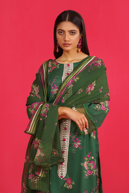 3PC Unstitched | Embroidered Lawn Shirt+ Chiffon Dupatta+Trouser