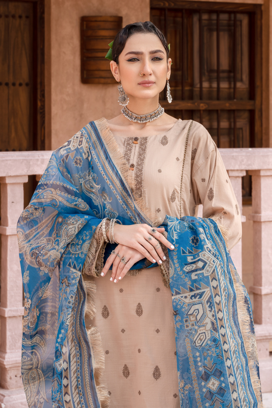3PC Unstitched | Embroidered Lawn Shirt+Trouser + Organza Dupatta