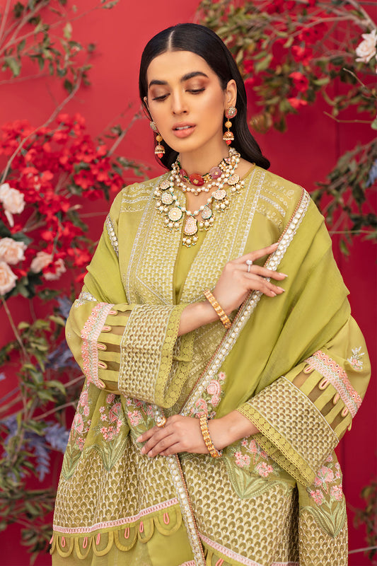 3 PC Unstitched Embroidered Shirt + Embroidered Rajju Net Dupatta + Dyed Cambric Trouser