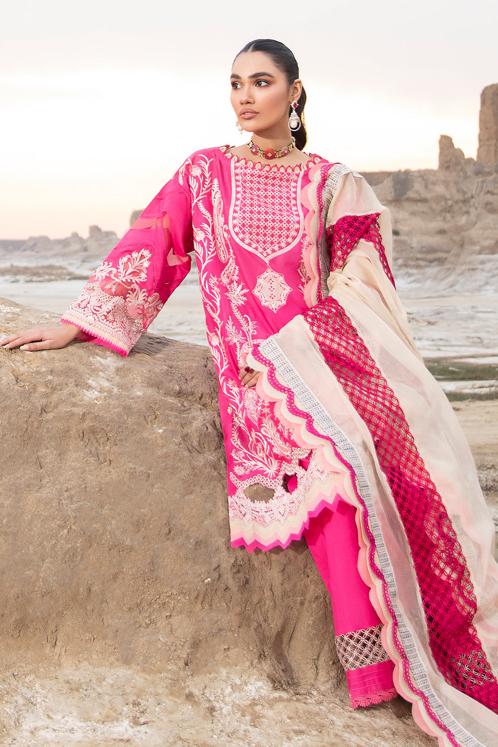 3 PC Unstitched Embroidered Shirt + Dyed Rajju Net Dupatta + Dyed Cambric Trouser