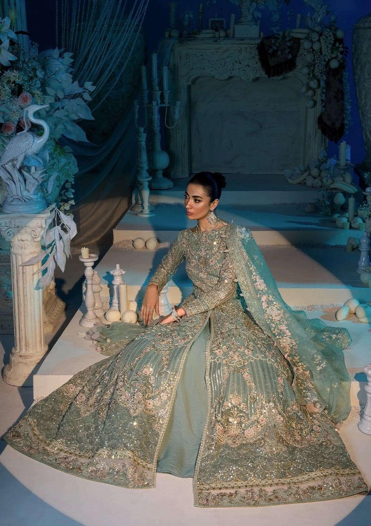 ELSA luxury formal wedding maxi from ELAF Evara Collection, featuring an embroidered organza hand-embellished front and exquisite organza dupatta in aqua, perfect for elegant occasions.