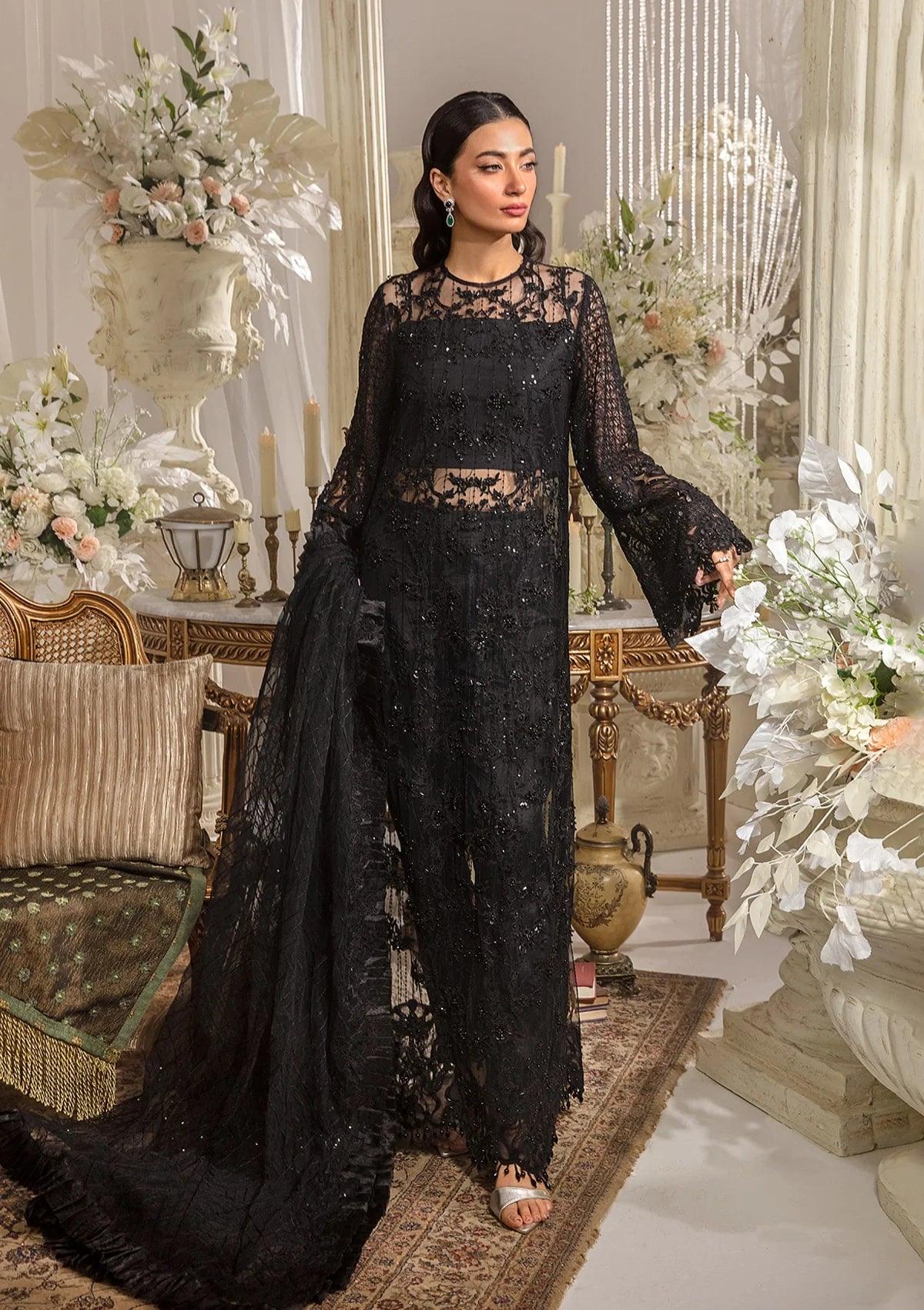 MAJESTY luxury formal dress in Majestic Black with embroidered poly net hand-embellished front.