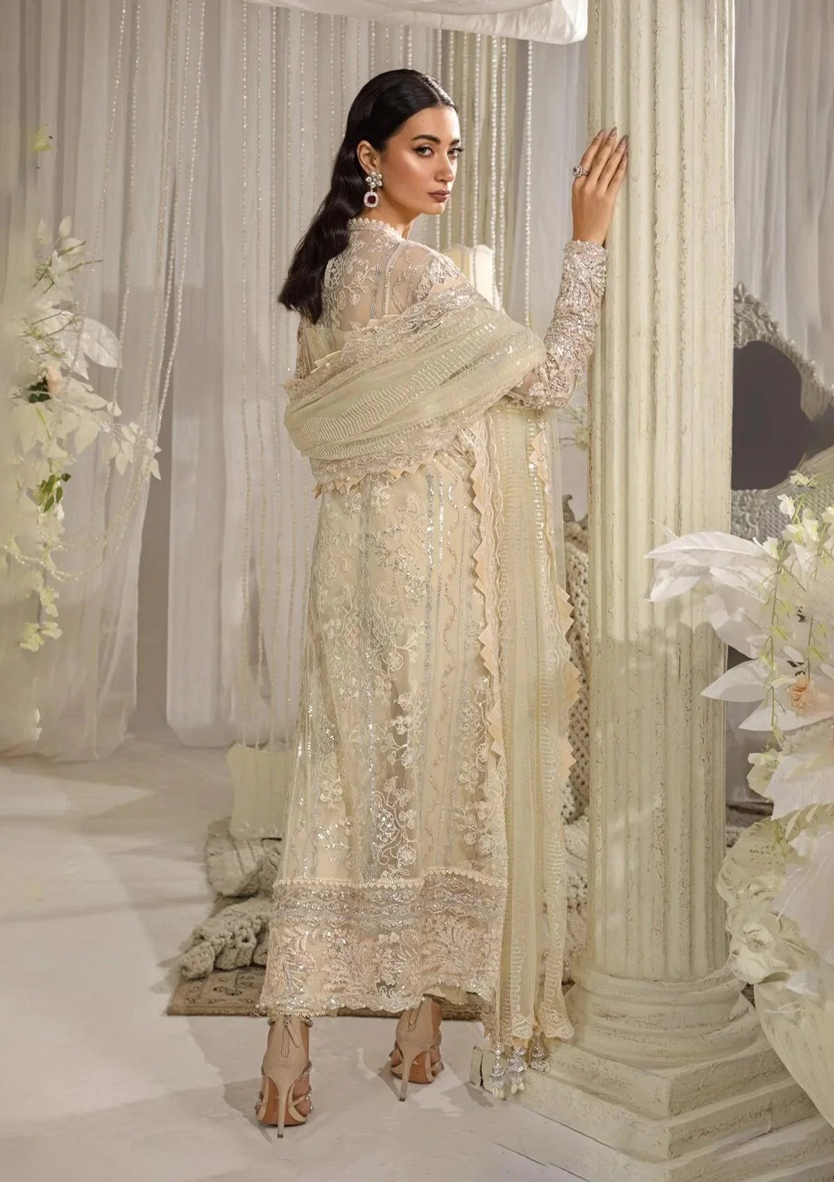 Elaf Evara Aura luxury formal dress in ivory with embroidered hand-embellished front and dupatta, 2024 collection.