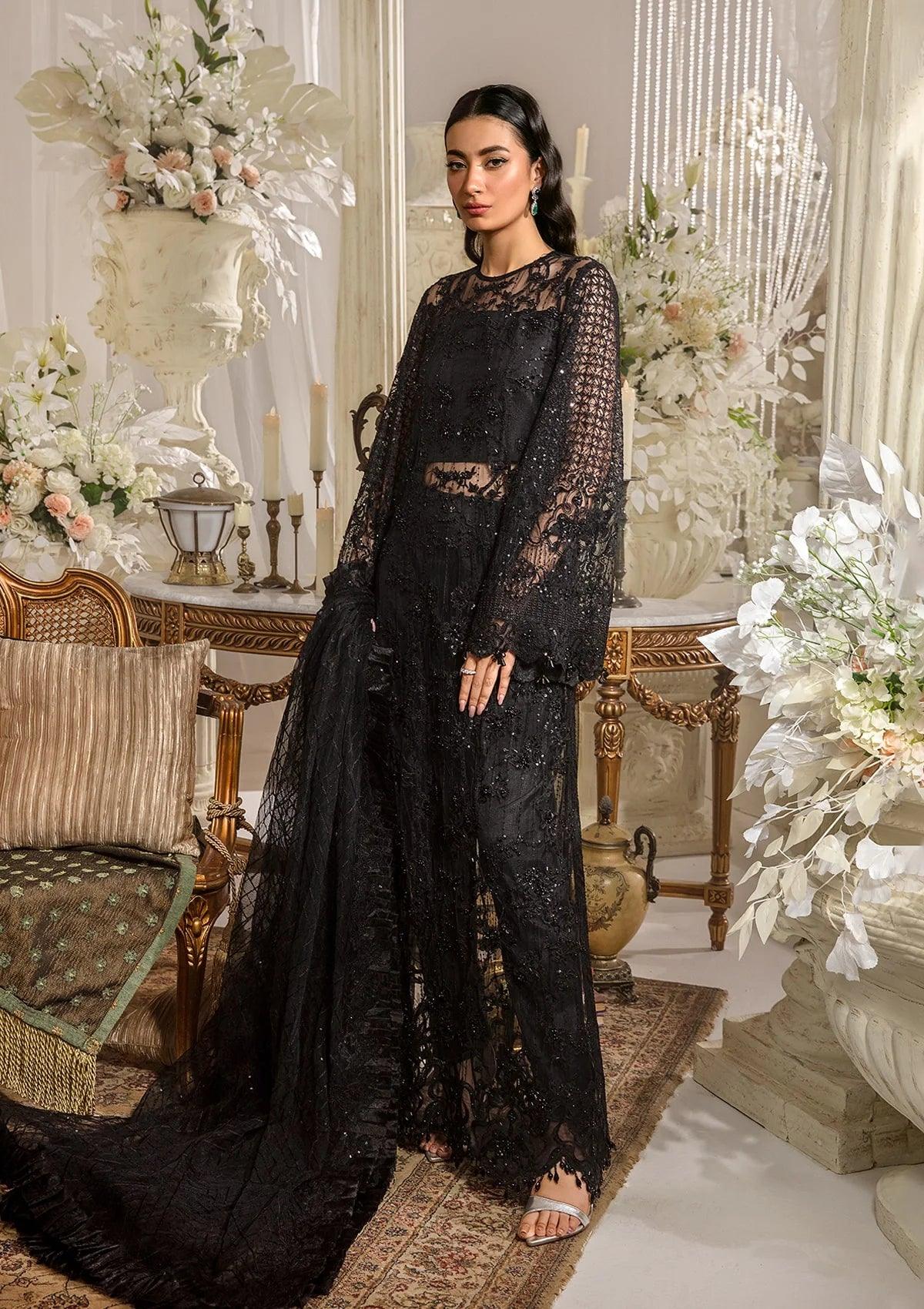 MAJESTY luxury formal dress in Majestic Black with embroidered poly net hand-embellished front.