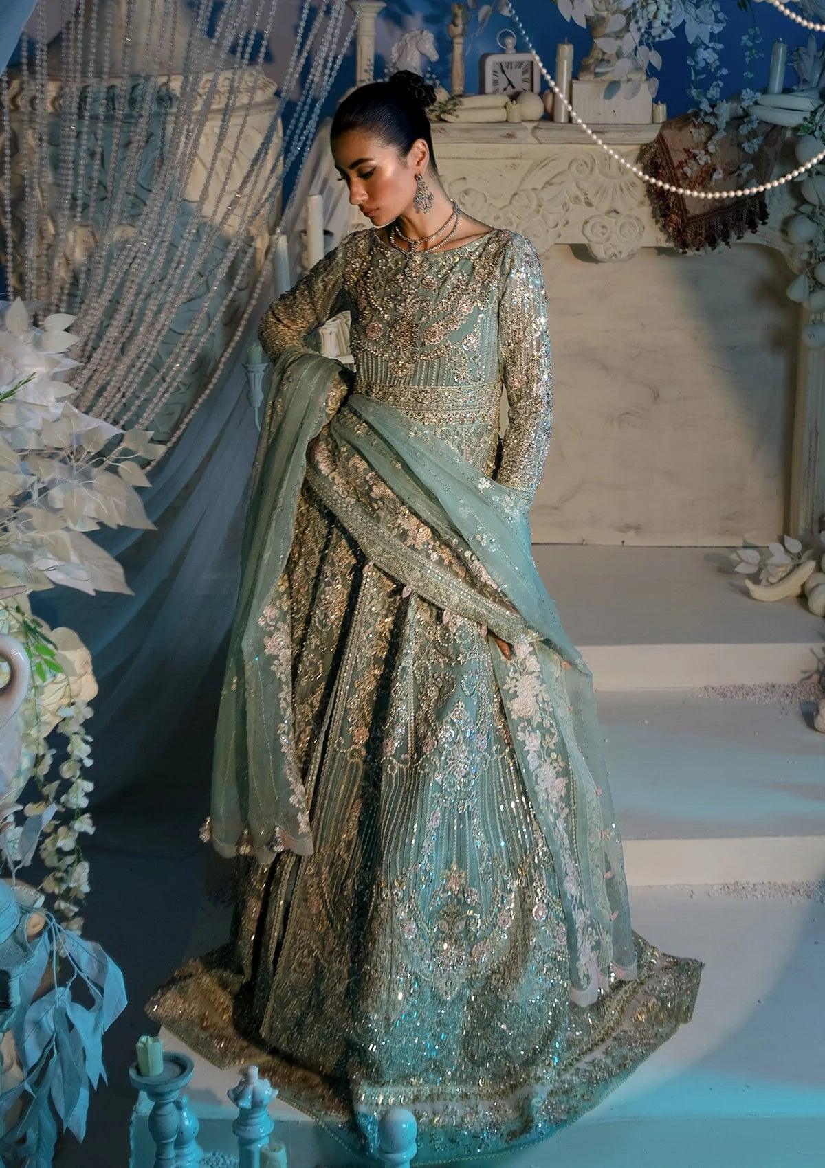 ELSA luxury formal wedding maxi from ELAF Evara Collection, featuring an embroidered organza hand-embellished front and exquisite organza dupatta in aqua, perfect for elegant occasions.