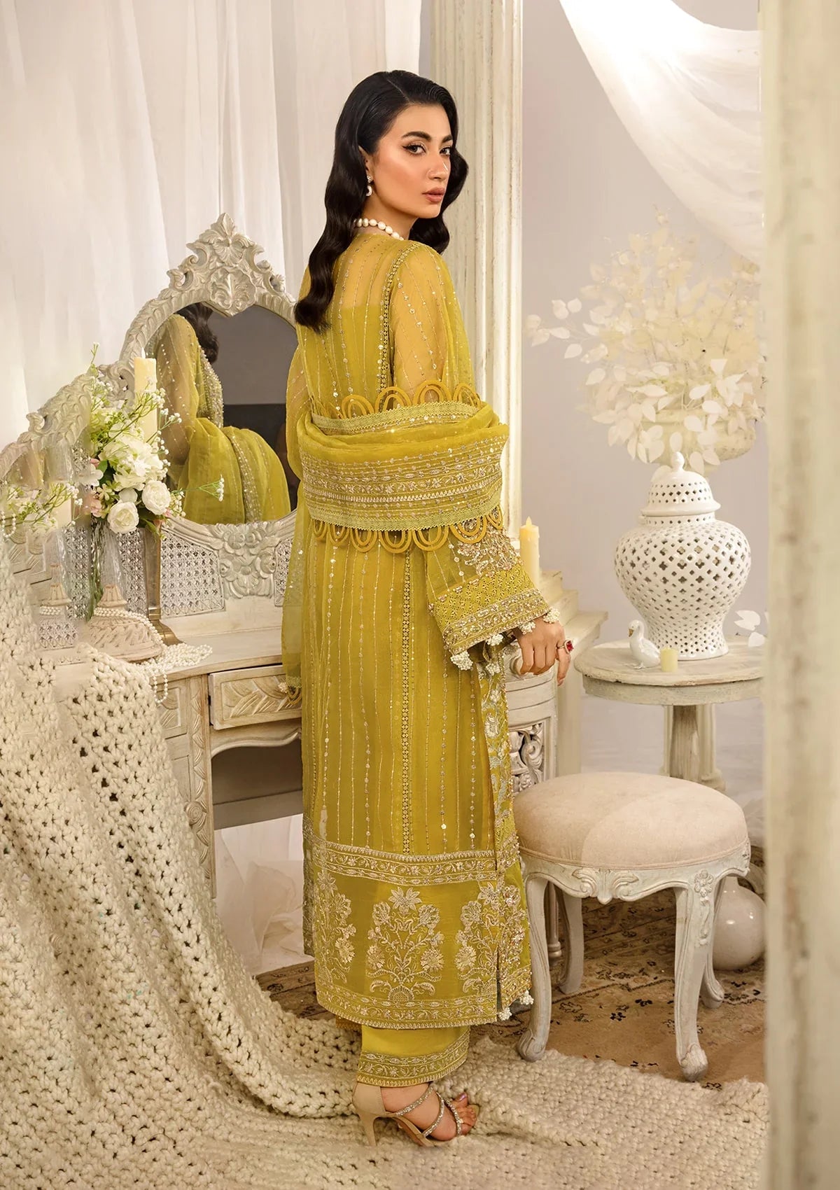 SUNLIT luxury formal dress from ELAF Evara Collection in chic lemon, featuring embroidered organza hand-embellished front, back, and sleeves, perfect for elegant occasions.