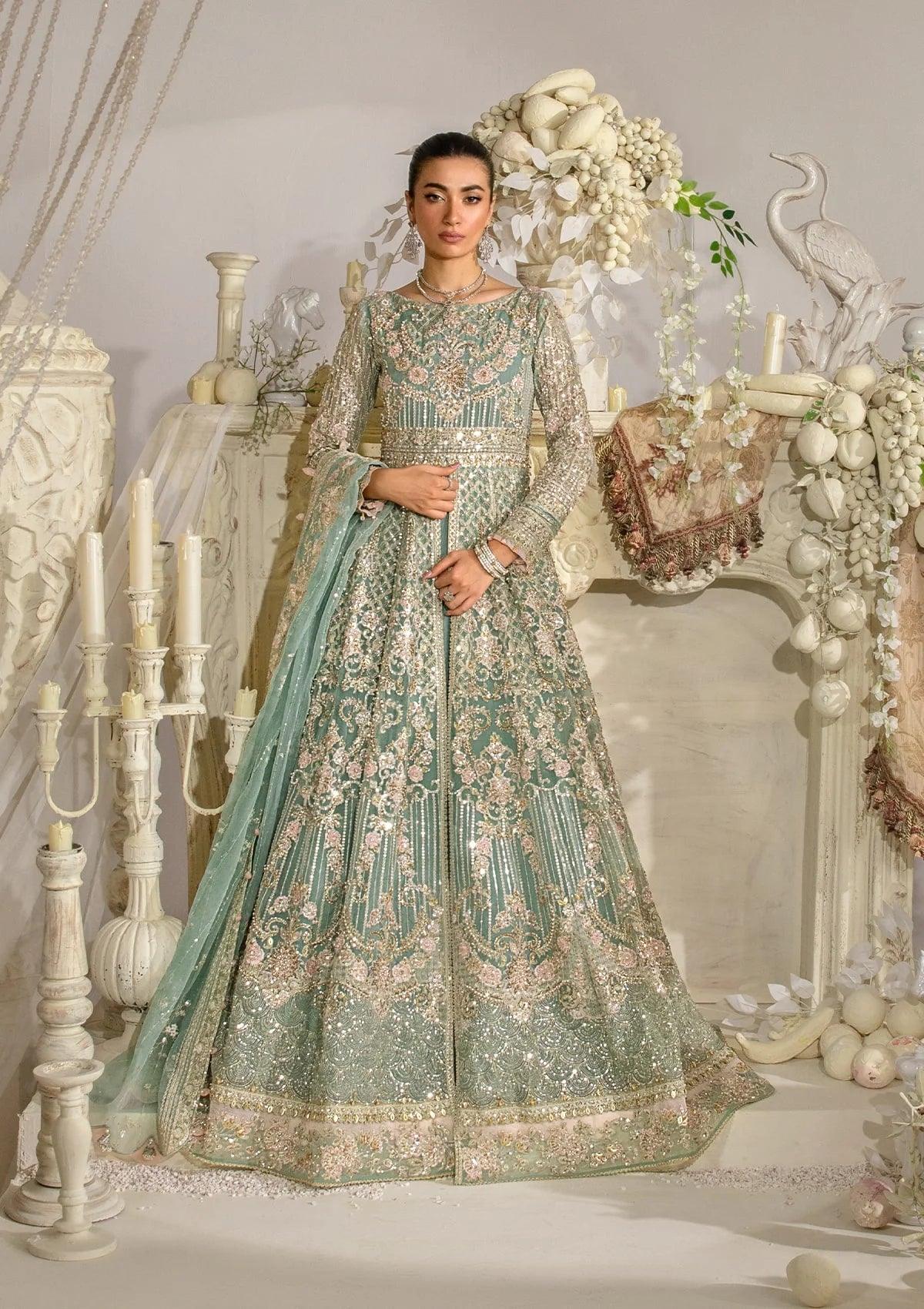 ELSA luxury formal wedding maxi from ELAF Evara Collection, featuring an embroidered organza hand-embellished front and exquisite organza dupatta in aqua, perfect for elegant occasions.