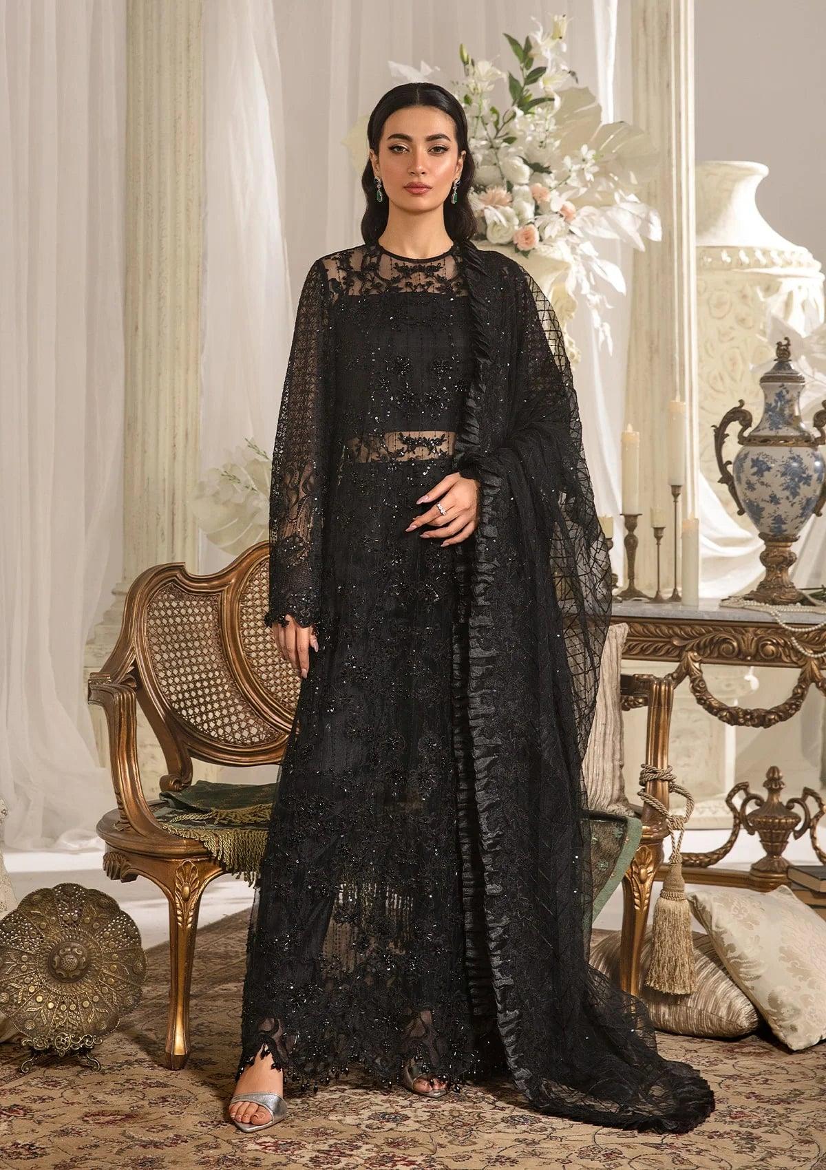 MAJESTY luxury formal dress in Majestic Black with embroidered poly net hand-embellished front.