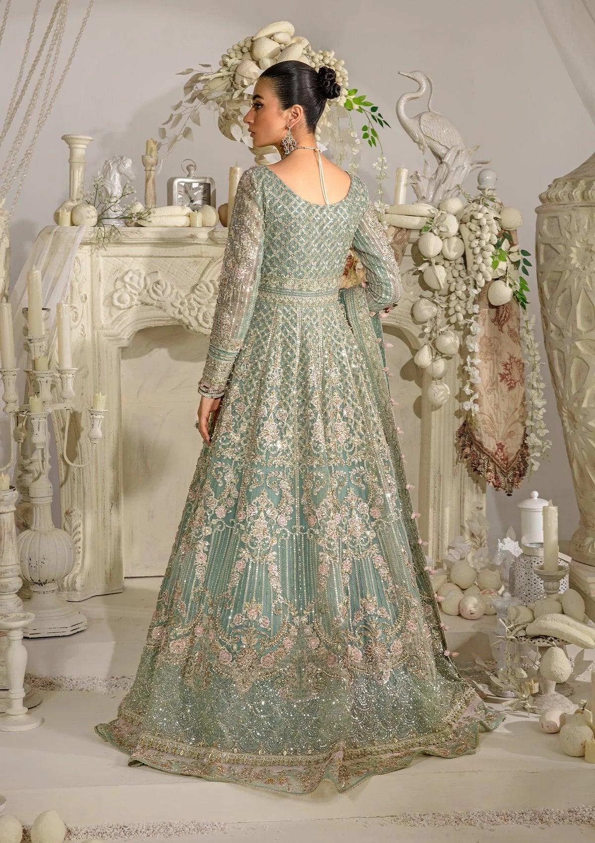 ELSA luxury formal wedding maxi from ELAF Evara Collection, featuring an embroidered organza hand-embellished front and exquisite organza dupatta in aqua, perfect for elegant occasions.