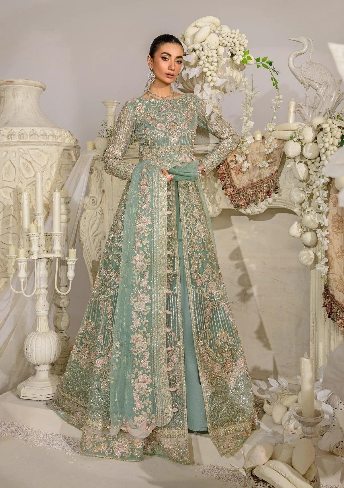 ELSA luxury formal wedding maxi from ELAF Evara Collection, featuring an embroidered organza hand-embellished front and exquisite organza dupatta in aqua, perfect for elegant occasions.