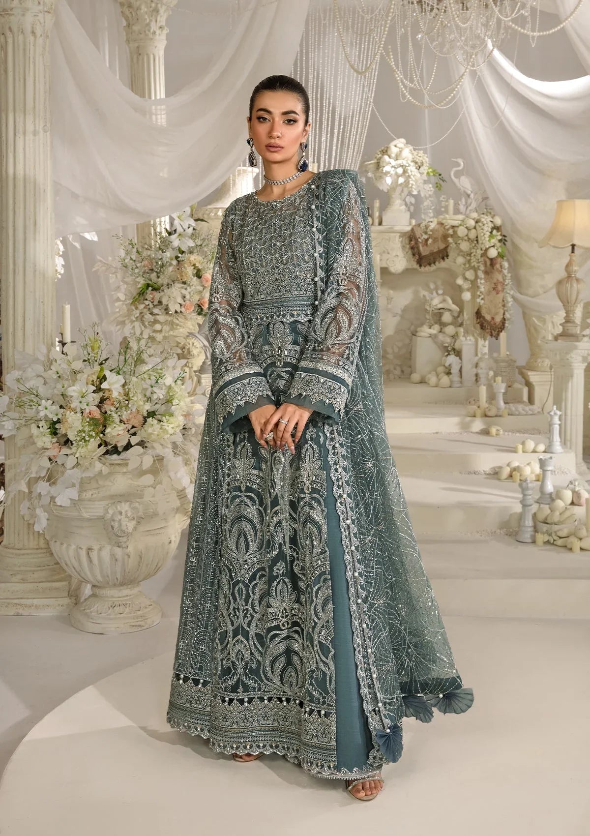 NIRVANA Dark Grey luxury formal dress from ELAF Evara Collection with embroidered poly net front.