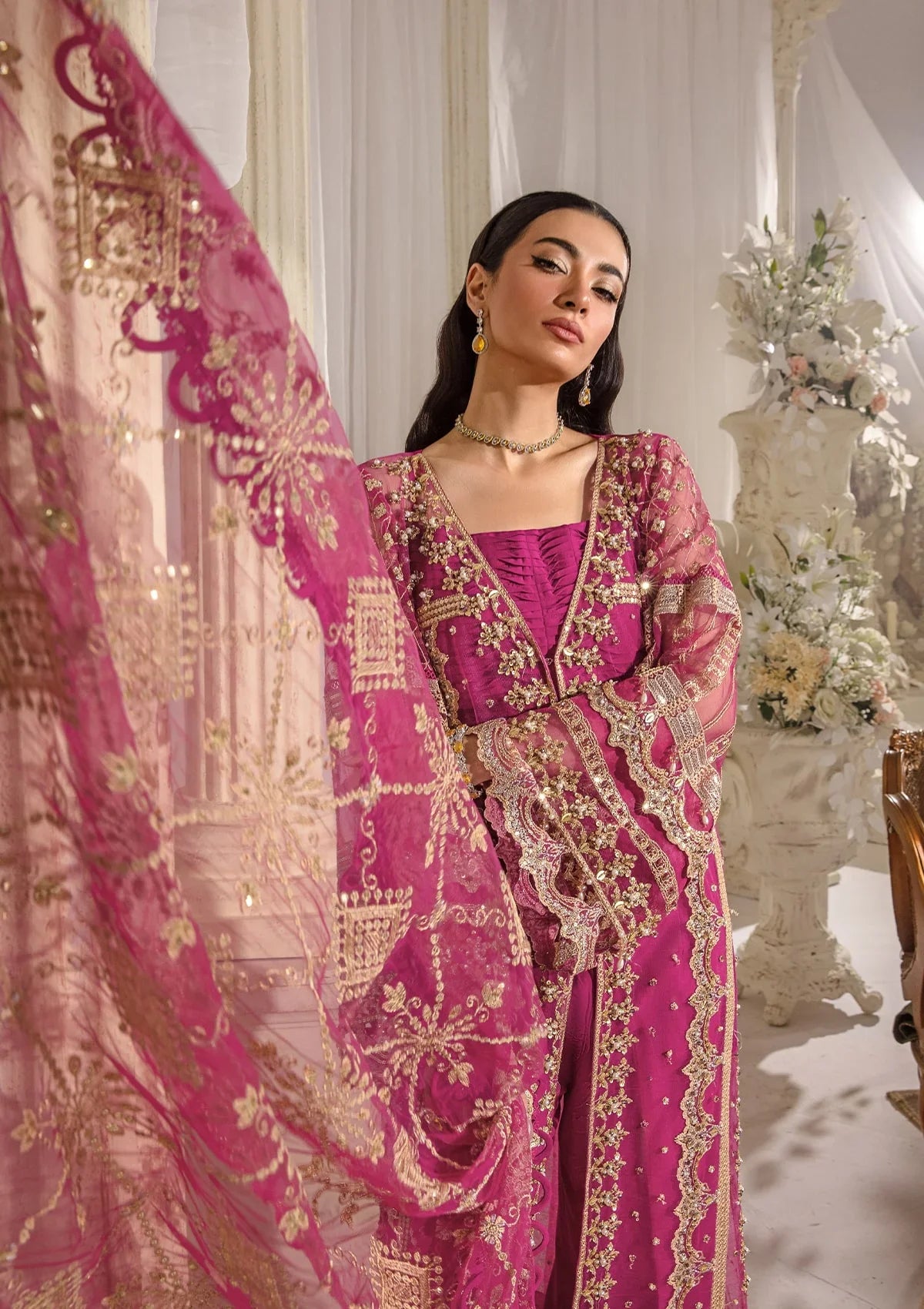 Embroidered poly net dupatta of REGALIA luxury dress from ELAF Evara Collection in Magenta Muse.