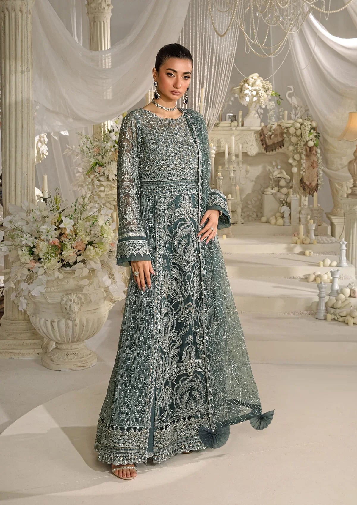 NIRVANA Dark Grey luxury formal dress from ELAF Evara Collection with embroidered poly net front.