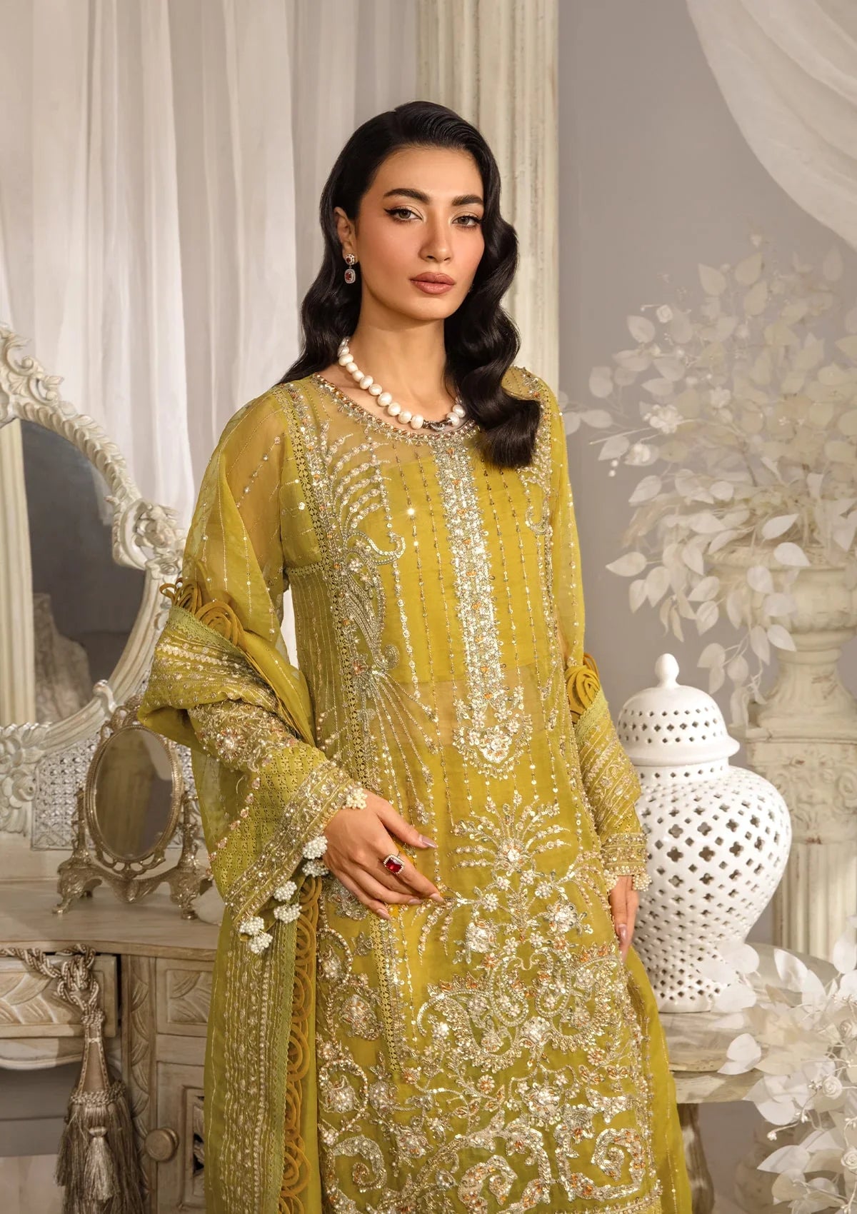 SUNLIT luxury formal dress from ELAF Evara Collection in chic lemon, featuring embroidered organza hand-embellished front, back, and sleeves, perfect for elegant occasions.