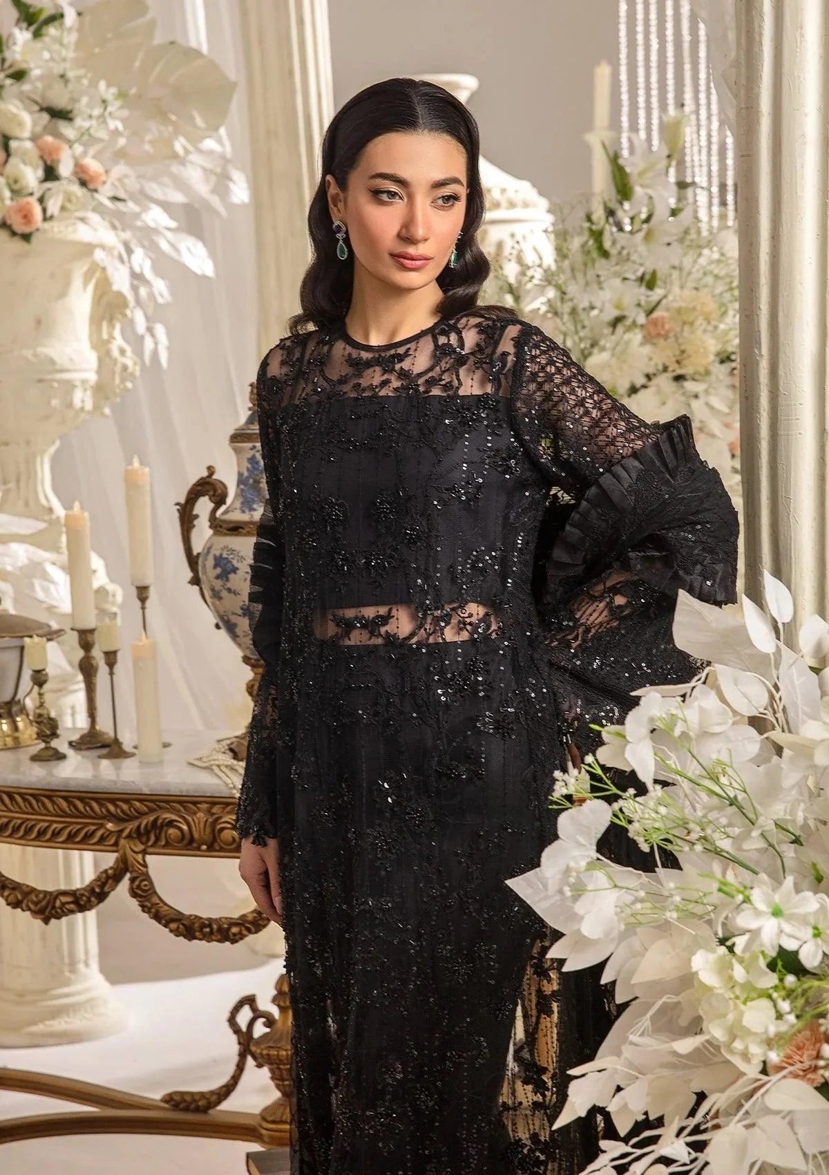 MAJESTY luxury formal dress in Majestic Black with embroidered poly net hand-embellished front.