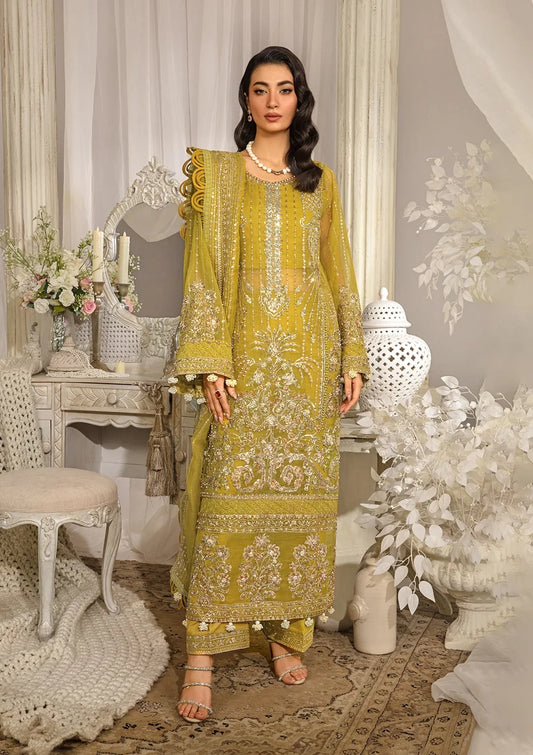 SUNLIT luxury formal dress from ELAF Evara Collection in chic lemon, featuring embroidered organza hand-embellished front, back, and sleeves, perfect for elegant occasions.