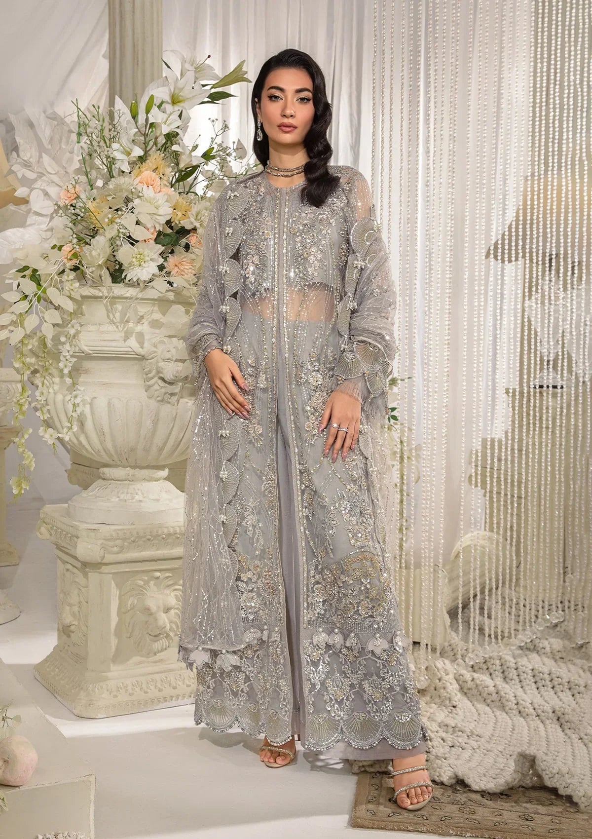 Light grey hand-embellished formal dress from ELAF Evara Collection.