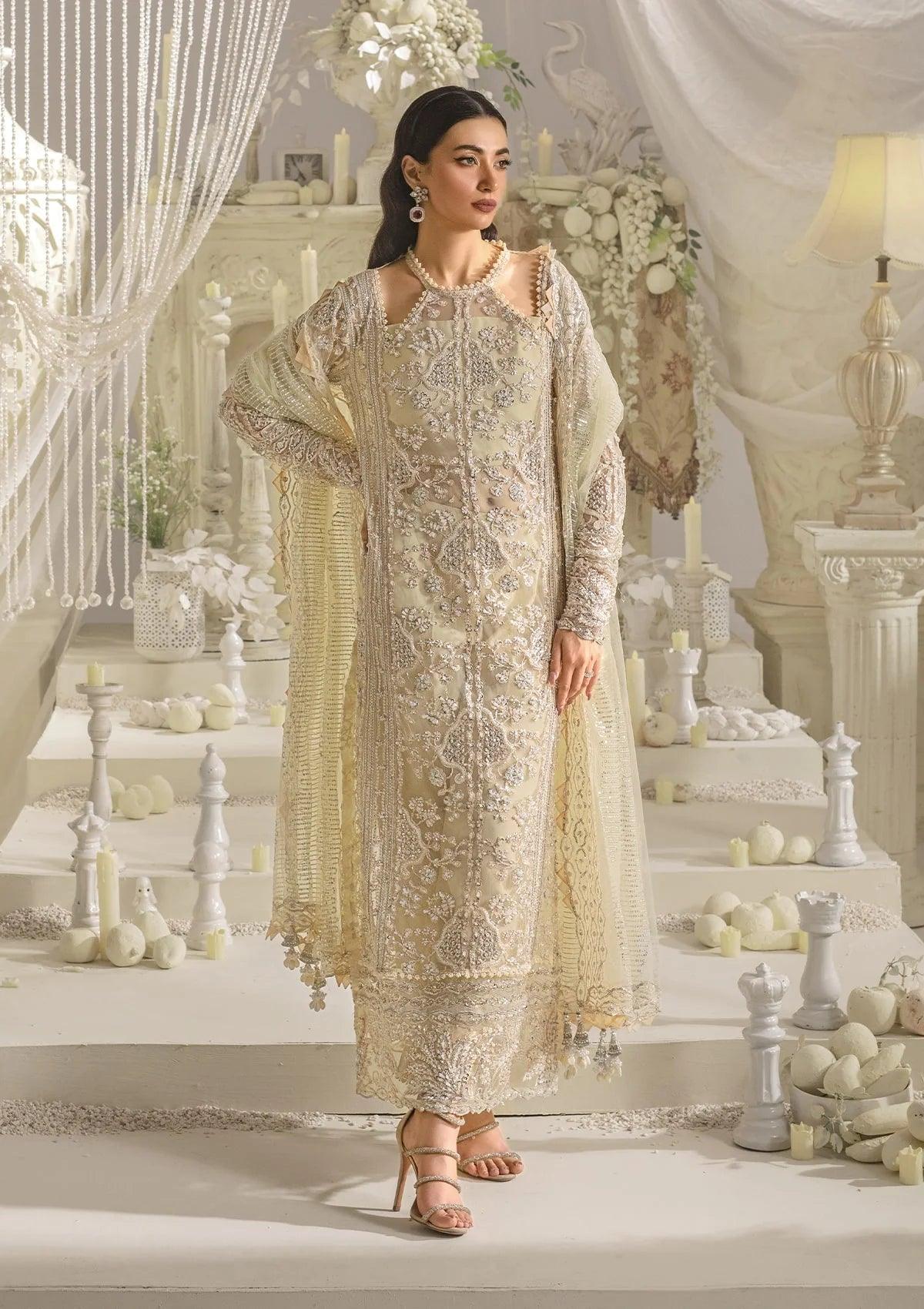 Elaf Evara Aura luxury formal dress in ivory with embroidered hand-embellished front and dupatta, 2024 collection.