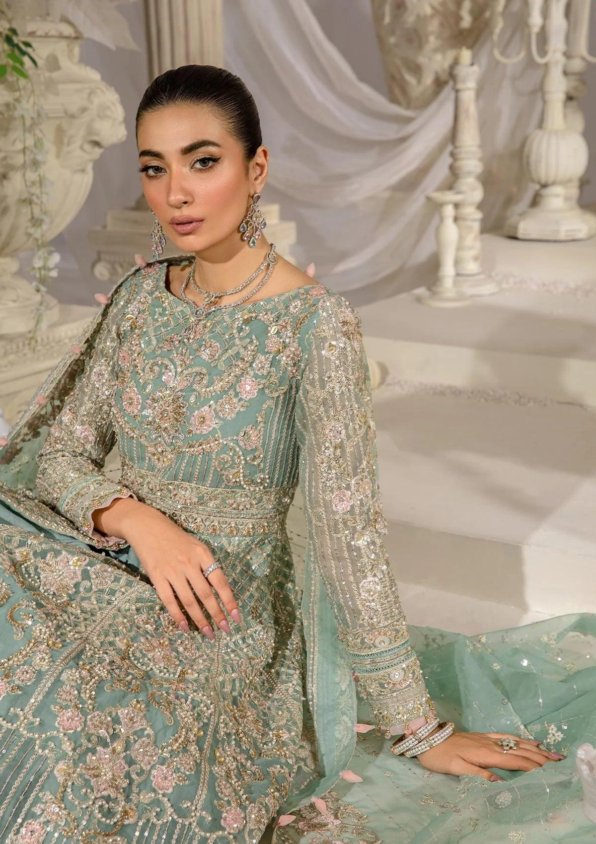 ELSA luxury formal wedding maxi from ELAF Evara Collection, featuring an embroidered organza hand-embellished front and exquisite organza dupatta in aqua, perfect for elegant occasions.