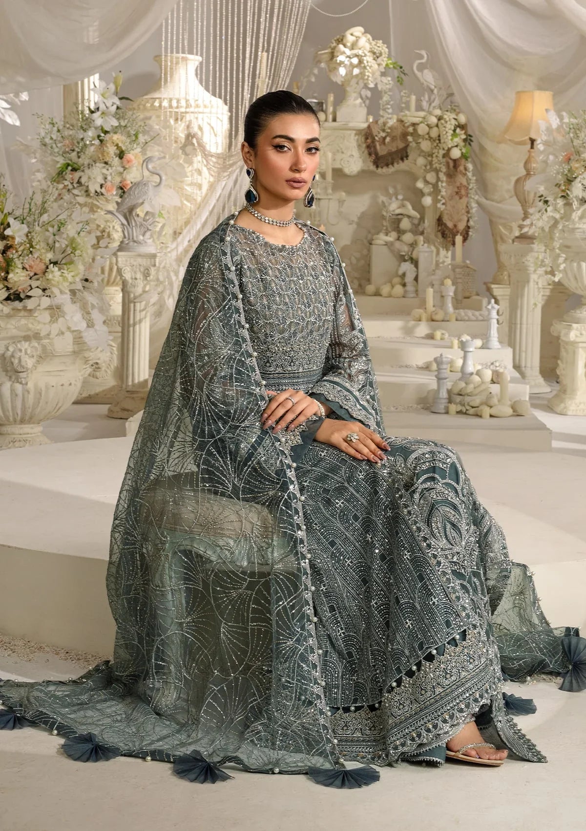 Embroidered poly net dupatta with pallu patti from NIRVANA luxury formal dress.