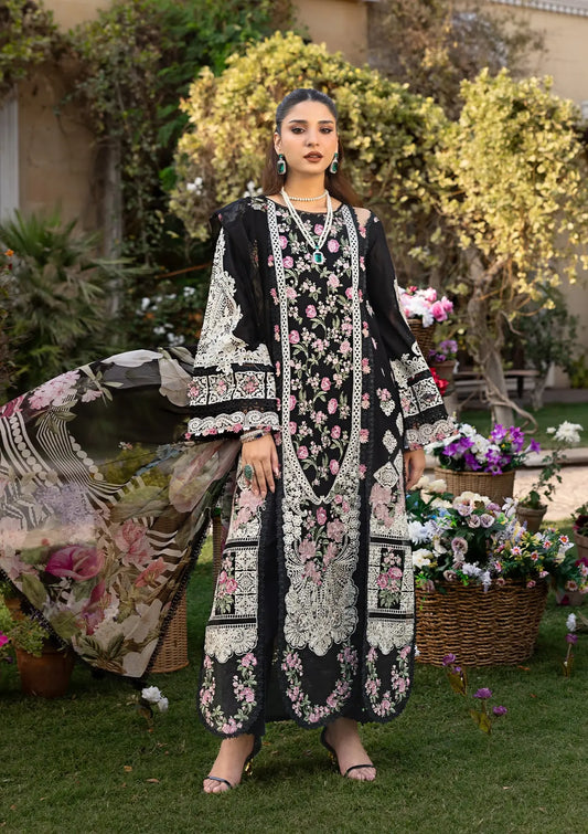 MAHJABEEN EMBROIDERED LAWN LASERWORK FRONT CENTER PANEL and DIGITAL PRINTED CHIFFON DUPATTA from ELAF Luxury Lawn 2025.