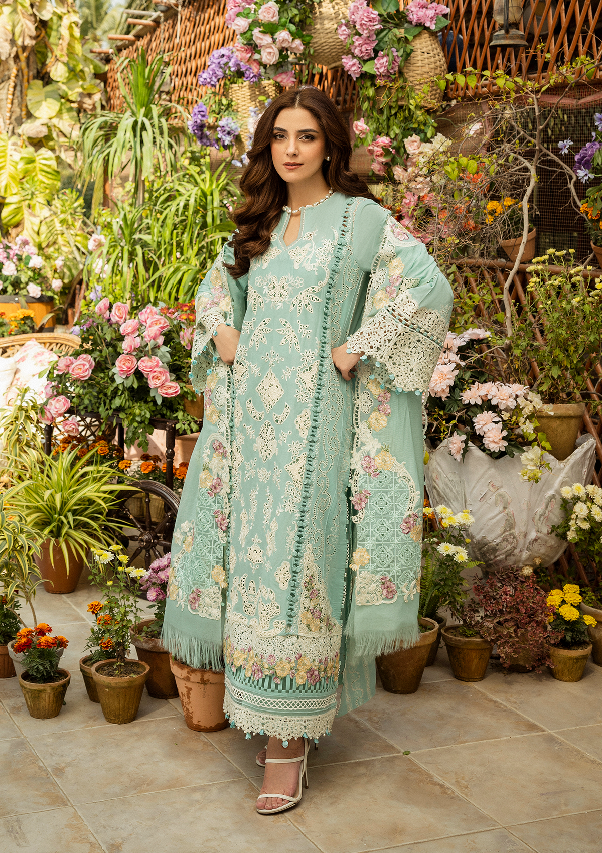 Stunning EMBROIDERED COTTON NET PATCHED DUPATTA and EMBROIDERED ORGANZA DAMAN BORDER.