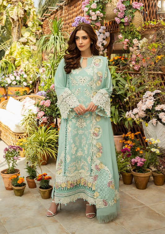 ZARAFSHAN in EMBROIDERED LAWN FRONT CENTER PANEL DESOLVING and EMBROIDERED COTTON NET PATCHED DUPATTA from ELAF Luxury Lawn 2025.