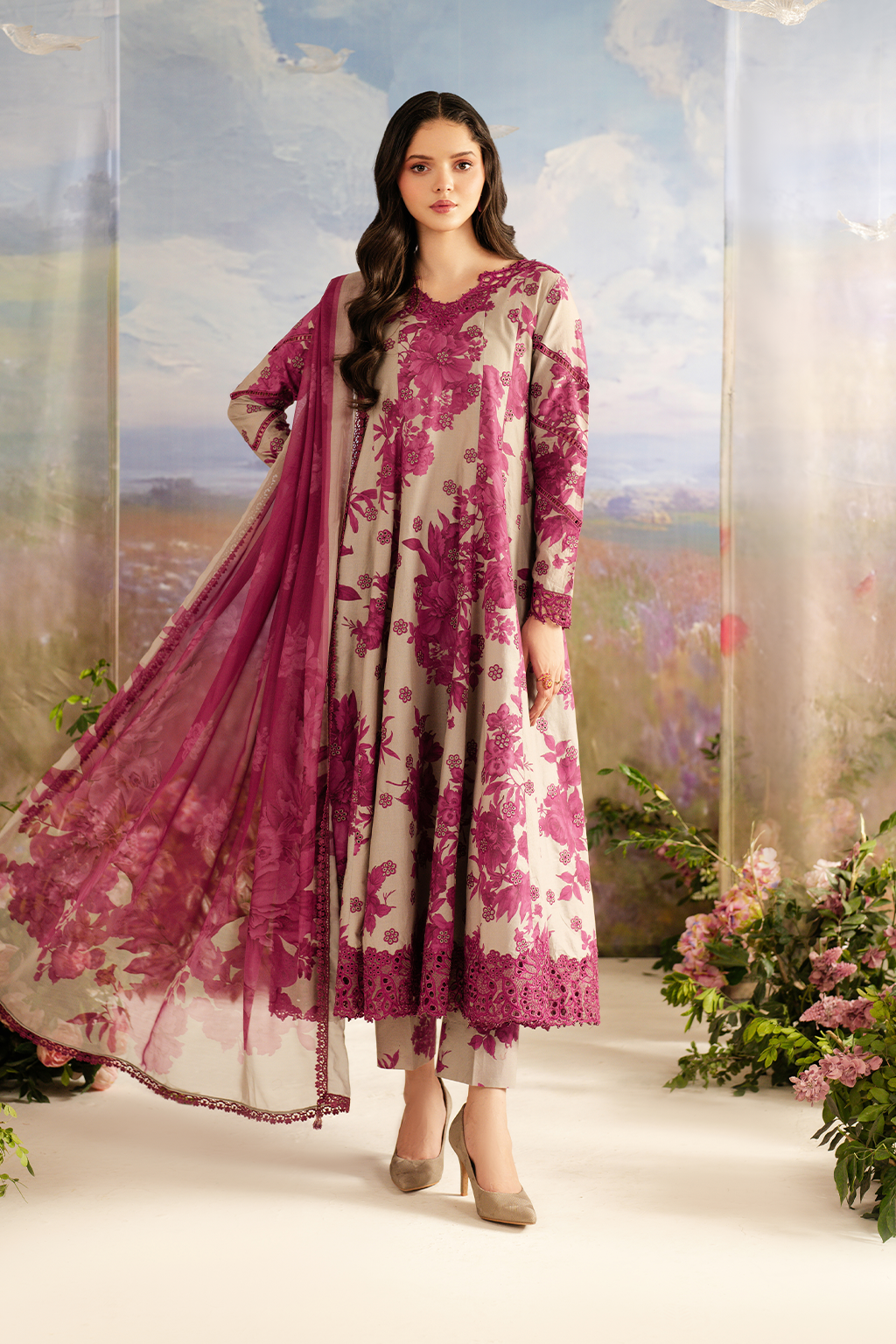 UE-457  Embroidered Printed Lawn