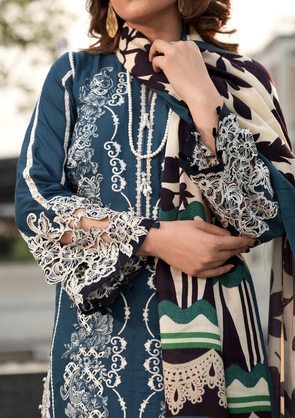 EMBROIDERED LINEN CUT WORK SLEEVES from Elaf Winter Pashmina Shawl Collection 2024