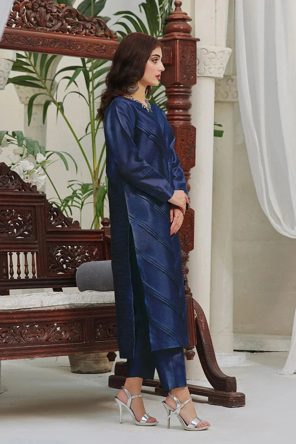 2PC Stitched Silk Shirt & Trouser Navy Blue KFS-2370 KHAS STORES 