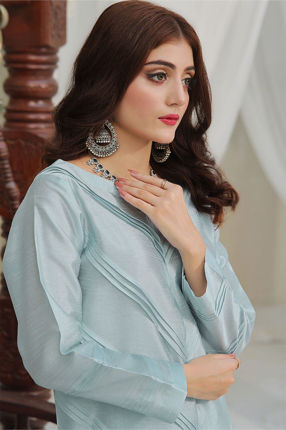 2PC Stitched Silk Shirt & Trouser Sky Blue KFS-2370 KHAS STORES 