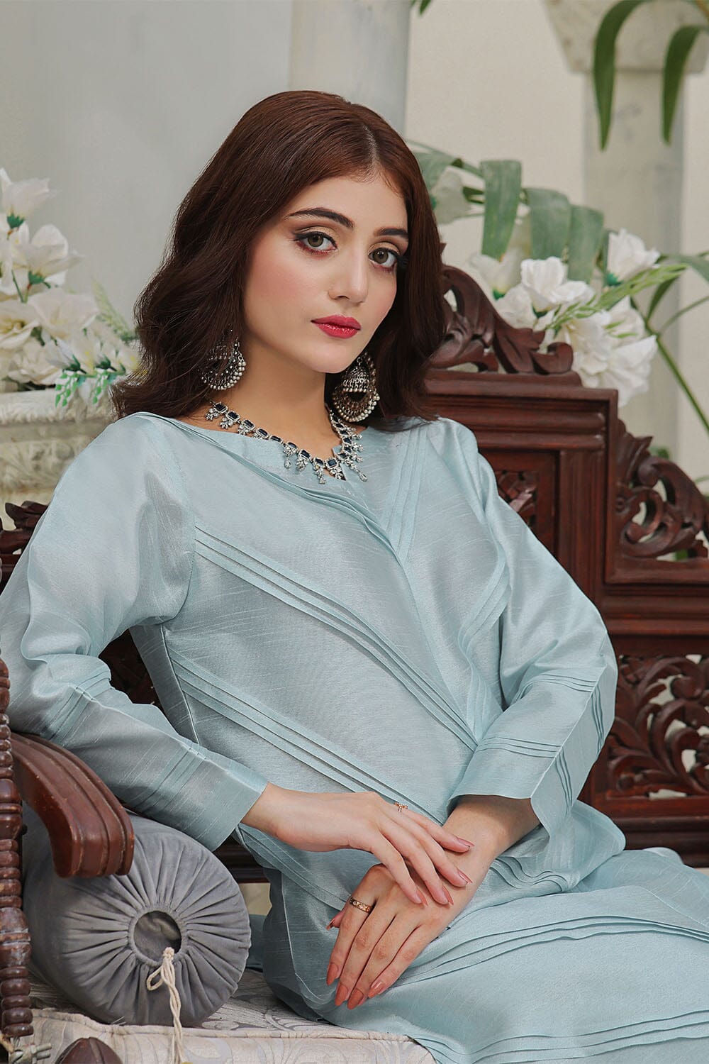 2PC Stitched Silk Shirt & Trouser Sky Blue KFS-2370 KHAS STORES 