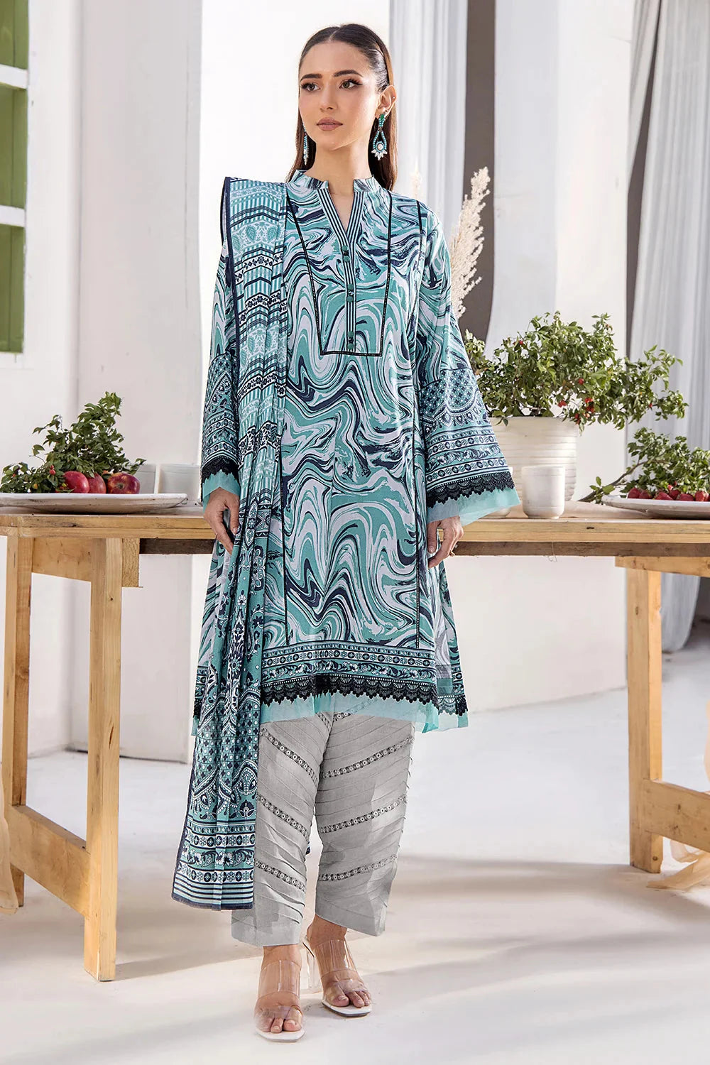 3PC Printed Unstitched Lawn Suit KLA-2423 Printed KHAS STORES 