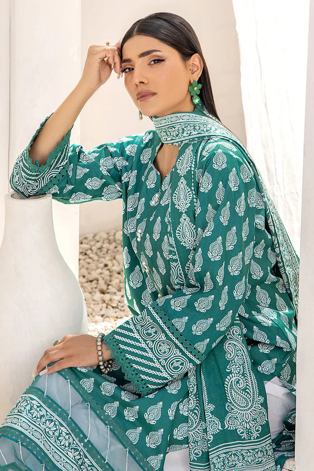 3PC Printed Unstitched Lawn Suit KLA-2704 Cyan Printed KHAS STORES 