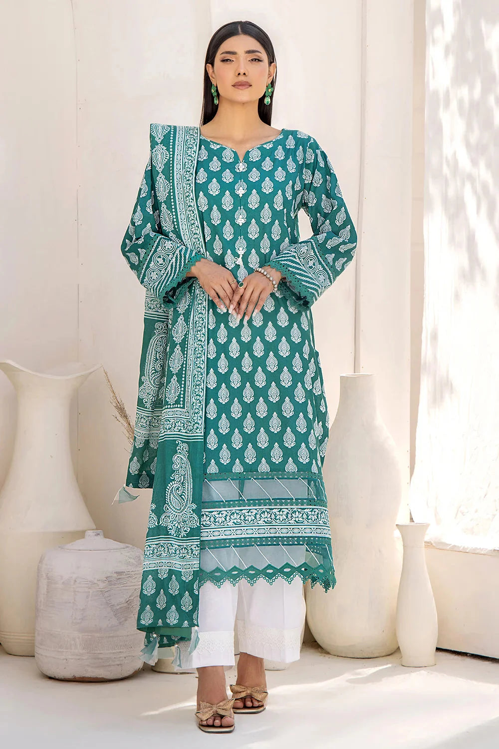 3PC Printed Unstitched Lawn Suit KLA-2704 Cyan Printed KHAS STORES 