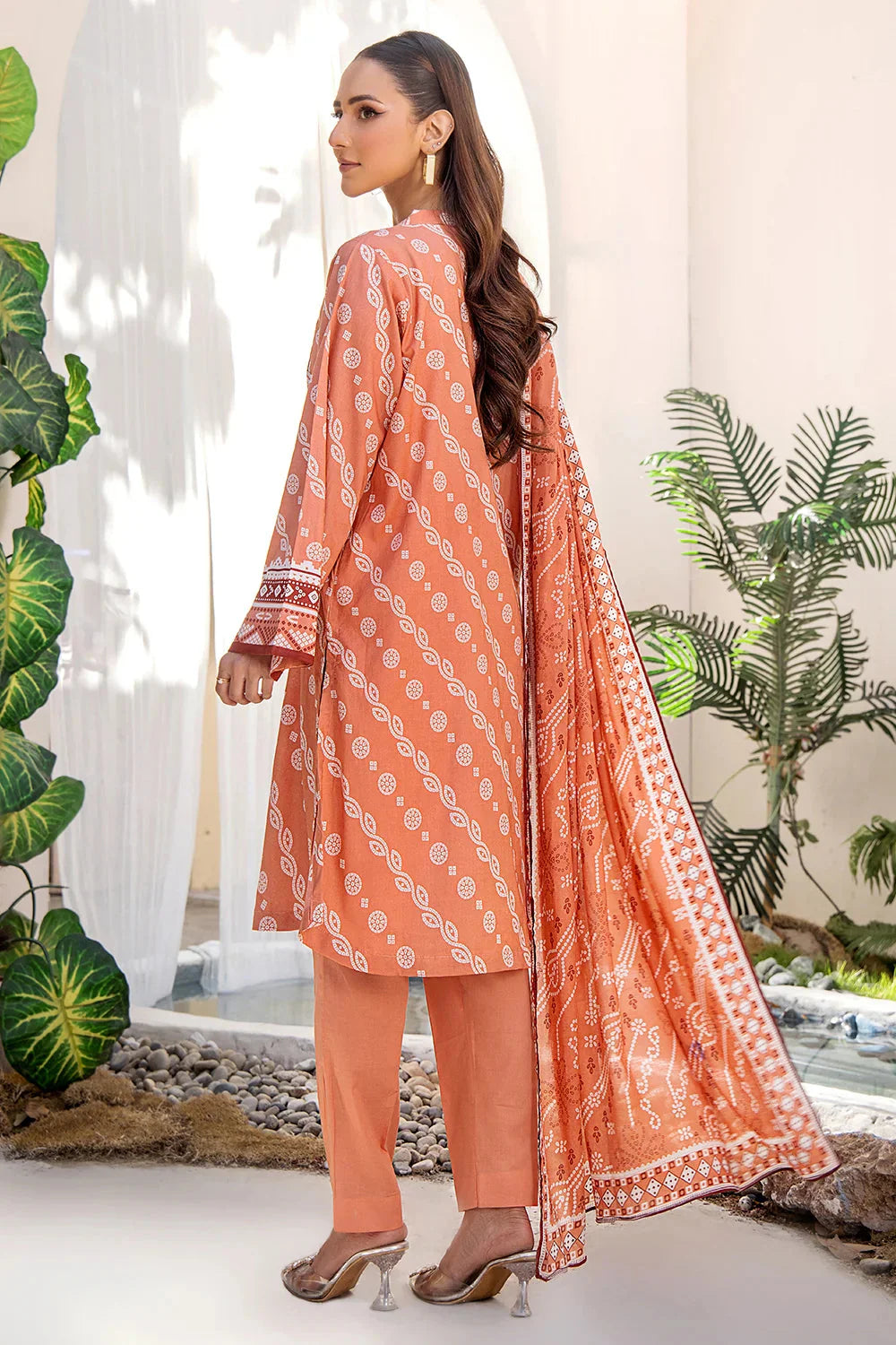 3PC Printed Unstitched Lawn Suit KLA-2705 Peach Printed KHAS STORES 