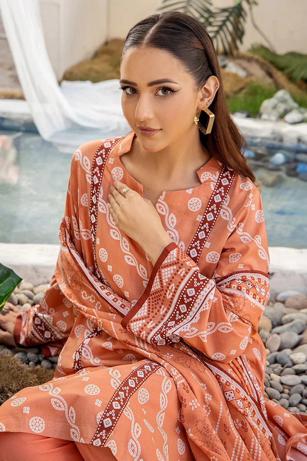 3PC Printed Unstitched Lawn Suit KLA-2705 Peach Printed KHAS STORES 