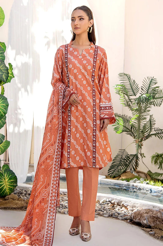 3PC Printed Unstitched Lawn Suit KLA-2705 Peach Printed KHAS STORES 