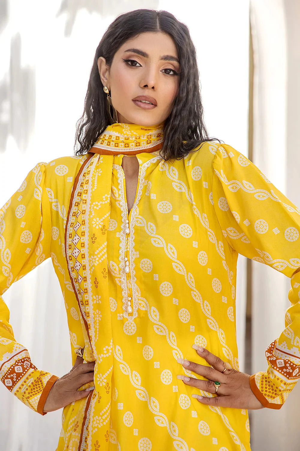 3PC Printed Unstitched Lawn Suit KLA-2705 Yellow Printed KHAS STORES 