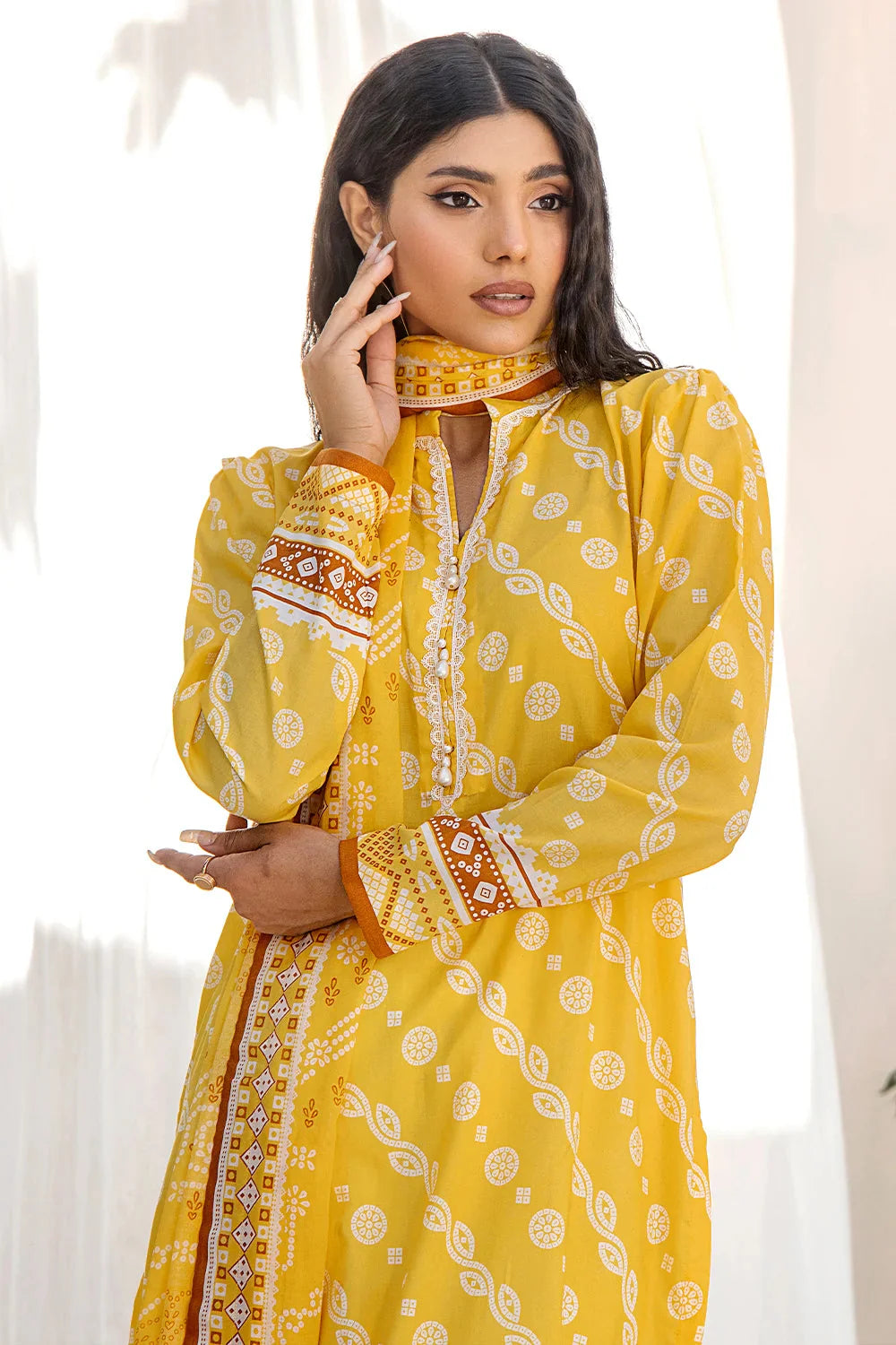 3PC Printed Unstitched Lawn Suit KLA-2705 Yellow Printed KHAS STORES 