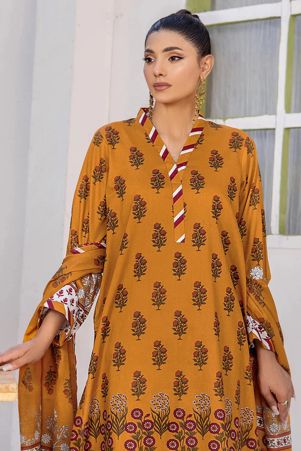 3PC Printed Unstitched Lawn Suit KLA-2706 Mustard Printed KHAS STORES 