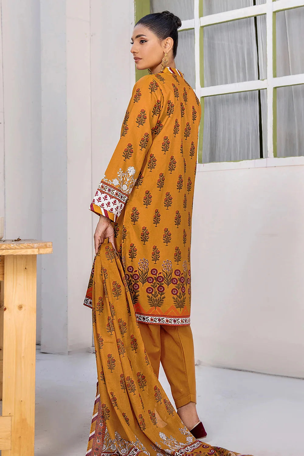 3PC Printed Unstitched Lawn Suit KLA-2706 Mustard Printed KHAS STORES 