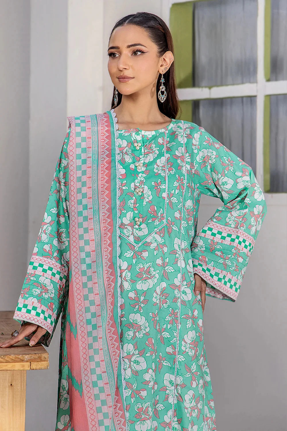 3PC Printed Unstitched Lawn Suit KLA-2707 Aqua Printed KHAS STORES 