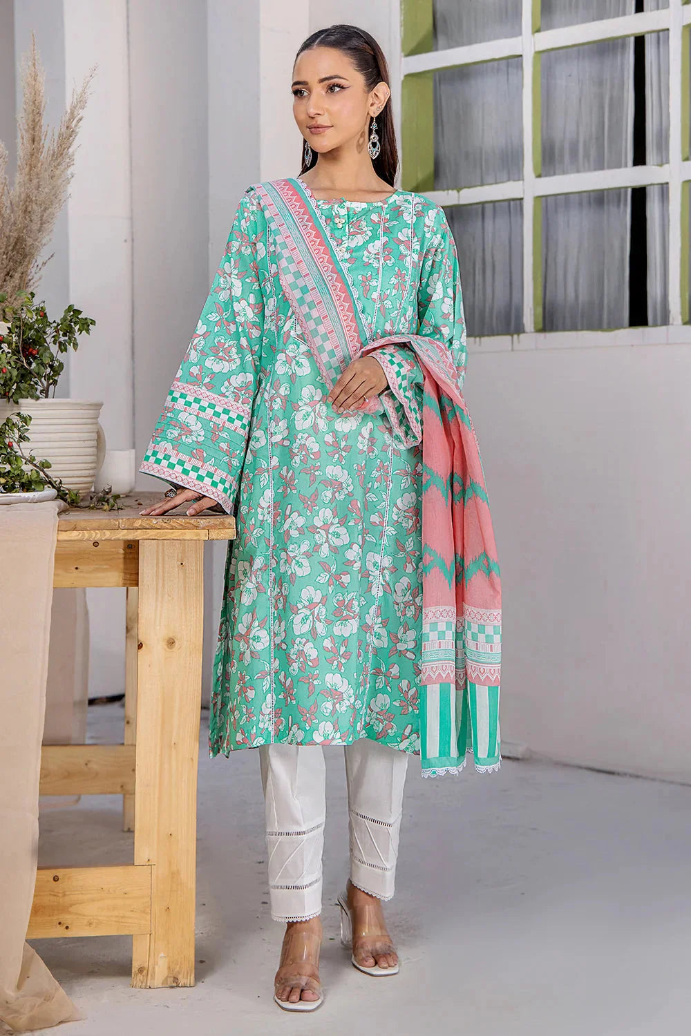 3PC Printed Unstitched Lawn Suit KLA-2707 Aqua Printed KHAS STORES 