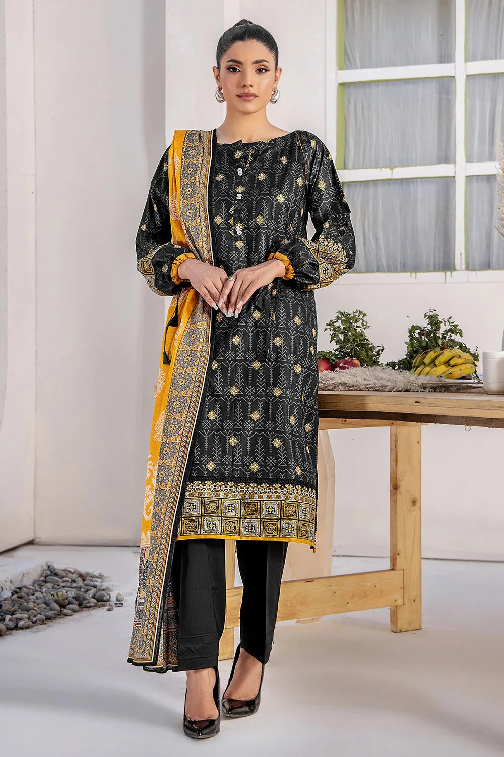 3PC Printed Unstitched Lawn Suit KLA-2709 Black Printed KHAS STORES 