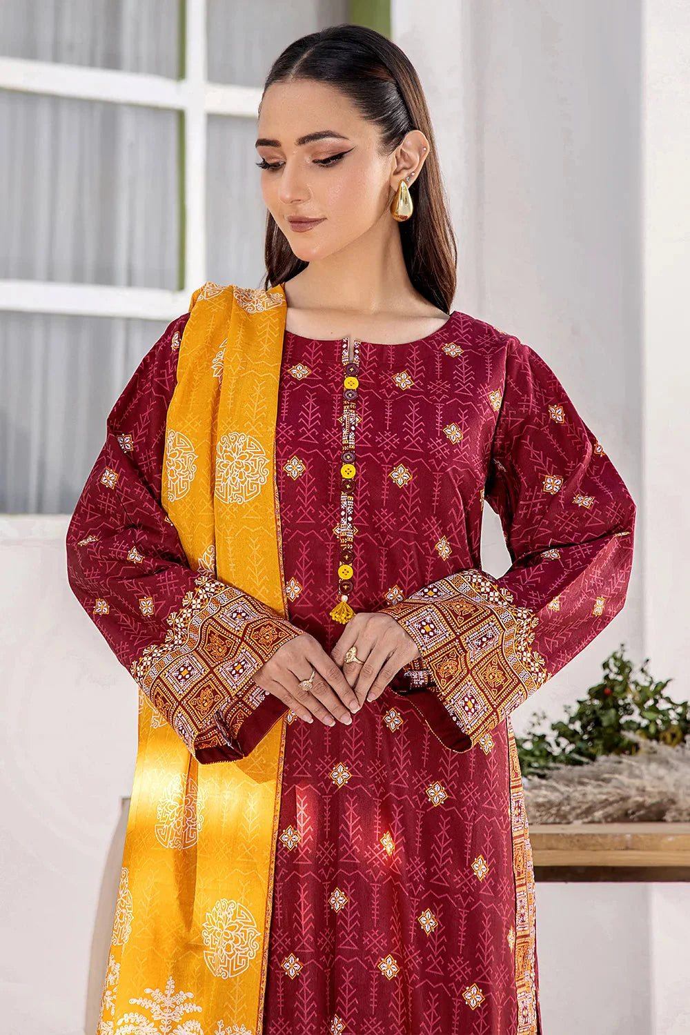 3PC Printed Unstitched Lawn Suit KLA-2709 Maroon Printed KHAS STORES 